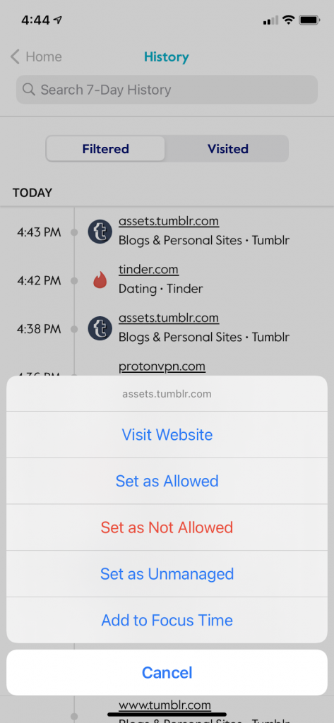 screenshot of circle app showing browsing history actions like "visit website," "set as allowed," "set as not allowed," "set as unmanaged," and "add to focus time"