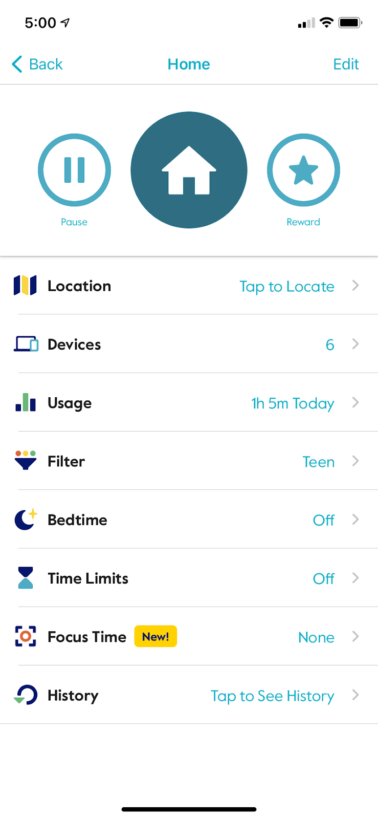 screenshot from circle app showing additional settings like location, number of devices connected, usage time, filters, bedtime settings, time limits, and focus time