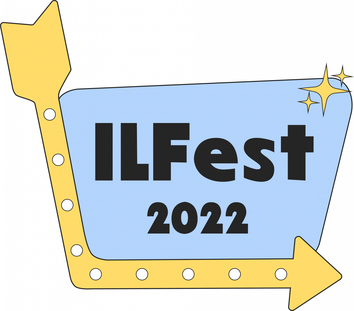 retro diner-style blue sign with yellow arrow that says "ILFest 2022"