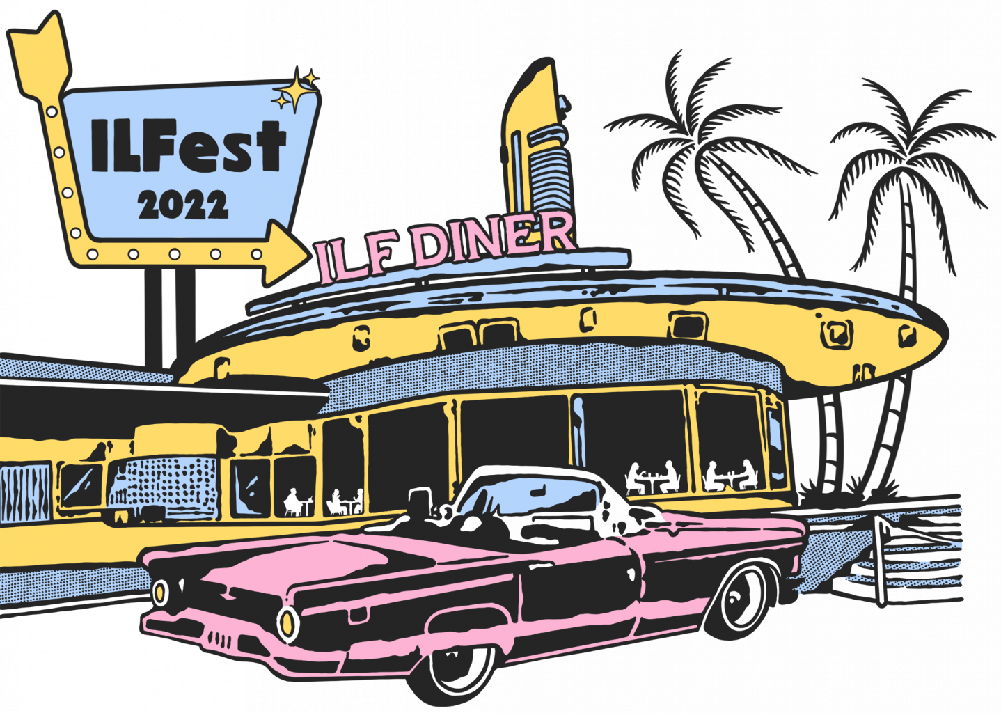 blue and yellow old-school diner with a pink vintage car out front. sign reads "ILFest 2022"